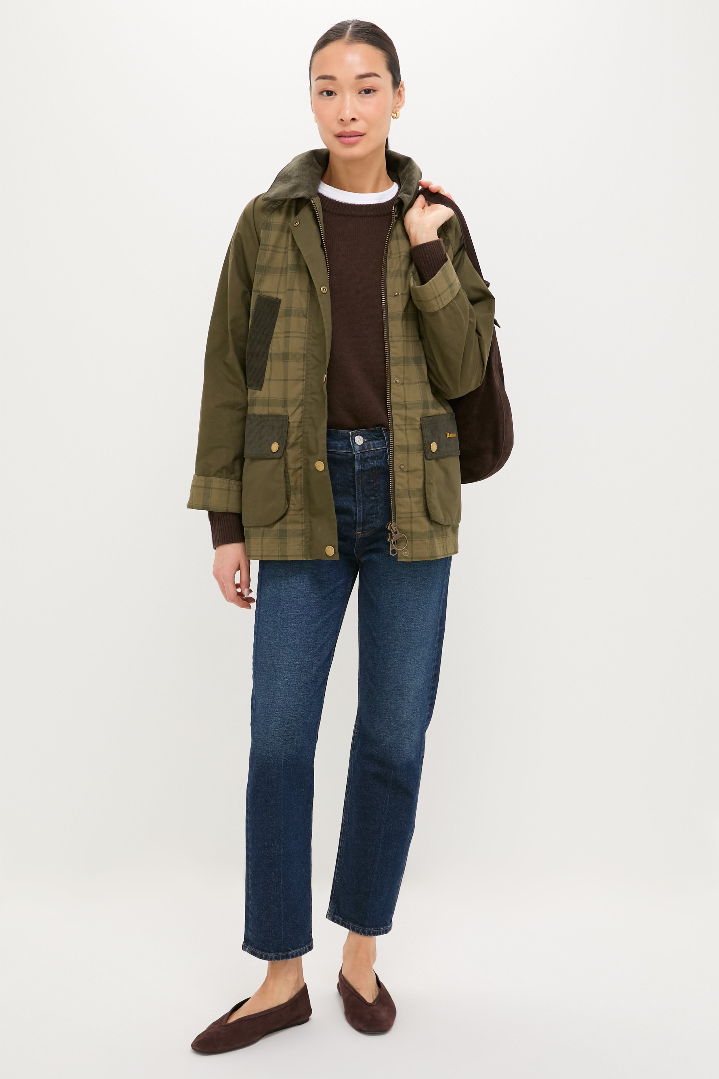 Woman wearing Dusky Green Modern Tartan Beadnell Casual Jacket, showcasing classic utility style with plaid accents, corduroy collar, and a relaxed fit for effortless, high-end fall fashion.