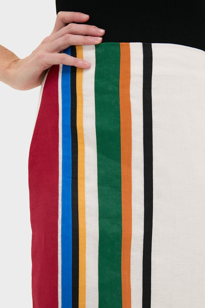 Roman Lima Midi Skirt featuring classic, broad vertical stripes, worn with an effortless black top. A high-end, fun look perfect for any occasion.
