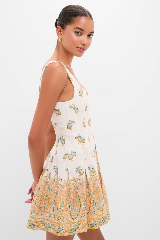 Cree Jardin Bodice Mini Dress: A classic, effortless linen dress with paisley print. Features structured boning, back shirring, and invisible zip for a high-end, fun look.