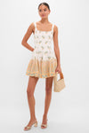 Cree Jardin Bodice Mini Dress: A classic, effortless summer dress with paisley accents, paired with a woven-straw handbag and block-heeled sandals for fun, high-end style.
