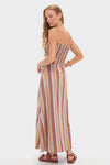 Young woman in a classic, effortless Mustard Agua Stripe Annikekn Maxi Dress with adjustable straps, showcasing a chic, fun A-line silhouette and high-end resort-ready style.