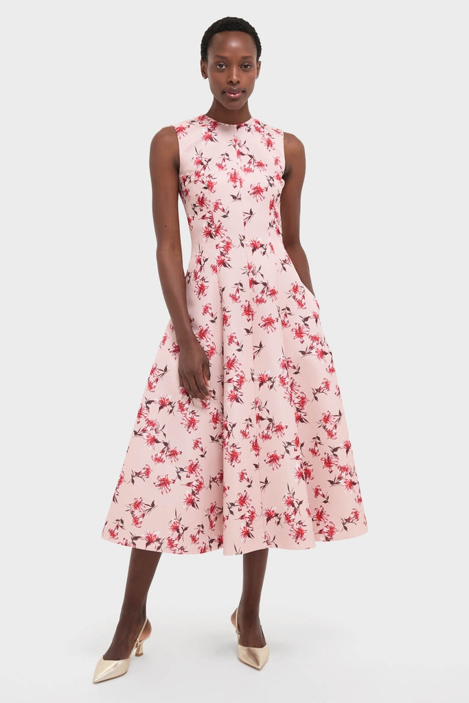 Red Summer Lillies on Pink Mara Midi Dress | Emilia Wickstead