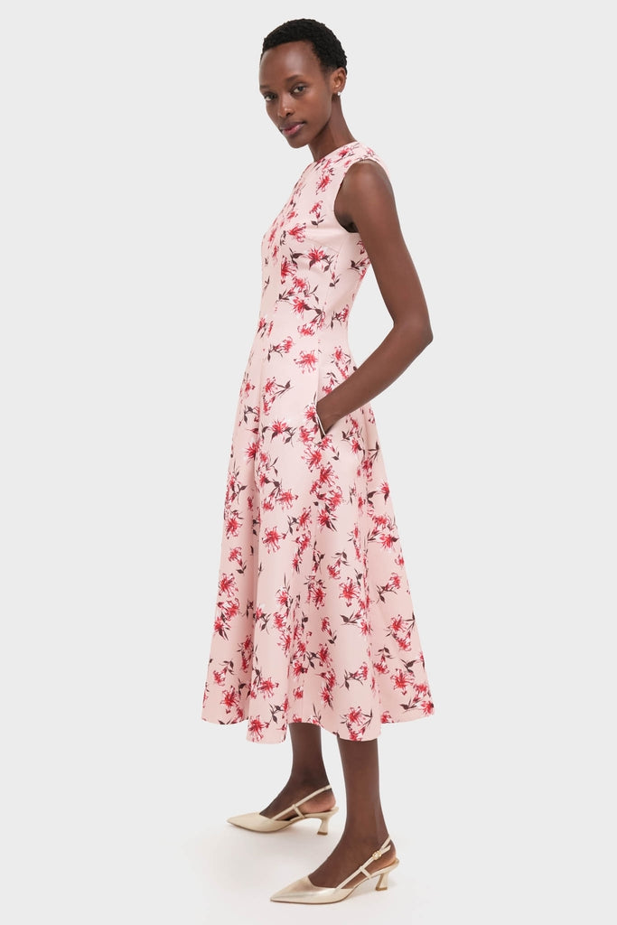 Red Summer Lillies on Pink Mara Midi Dress