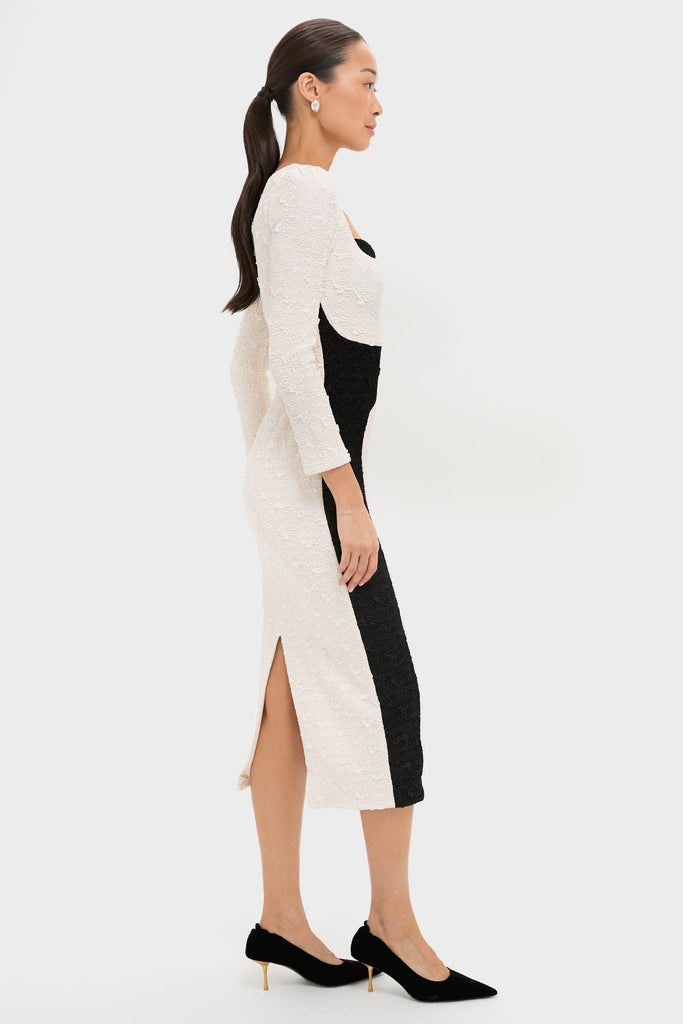 black and white midi dress with sleeves Georgia Dress w. Bow
