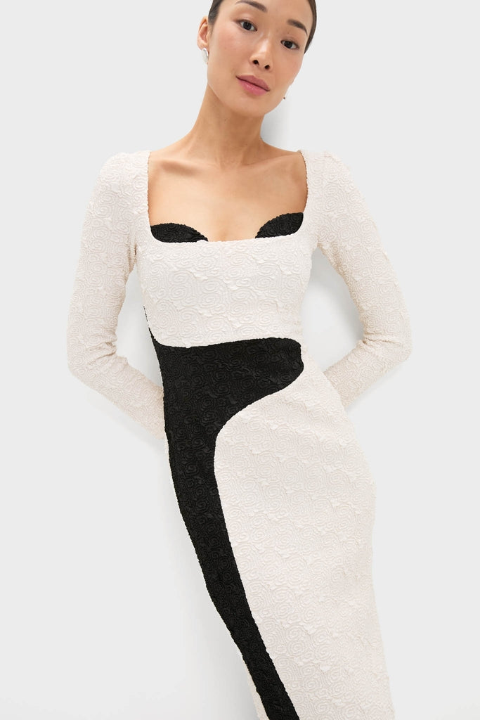 Black and Ivory Paloma Long Sleeve Midi Dress