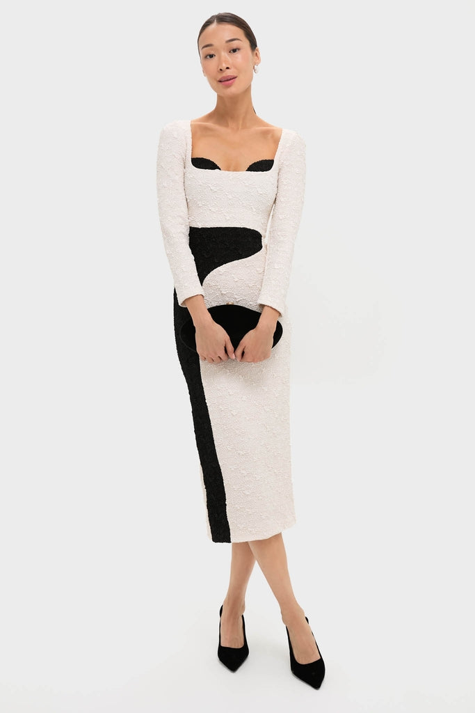 Black and Ivory Paloma Long Sleeve Midi Dress