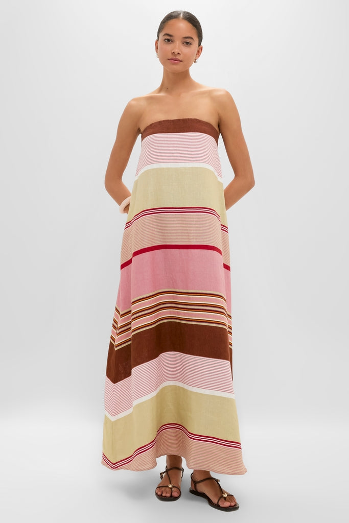 Dust Mauve Barragan Stripe Yolina Maxi Dress: A classic, effortless strapless dress in luxe linen, featuring a fun A-line silhouette and removable belt for stylish, high-end versatility.