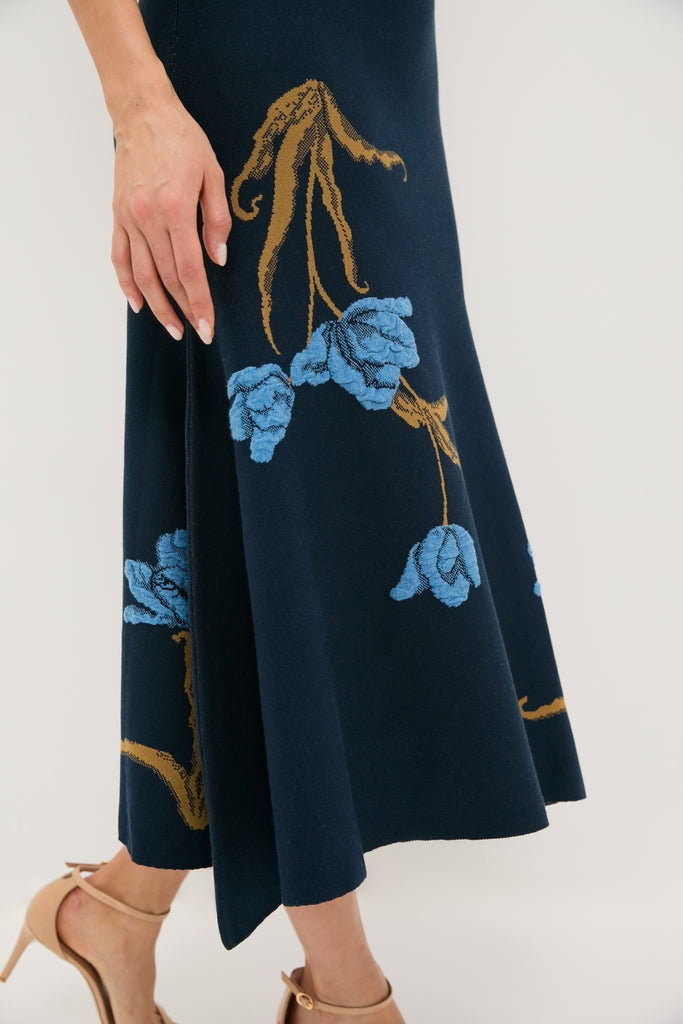Navy A-Line Midi Knit Skirt