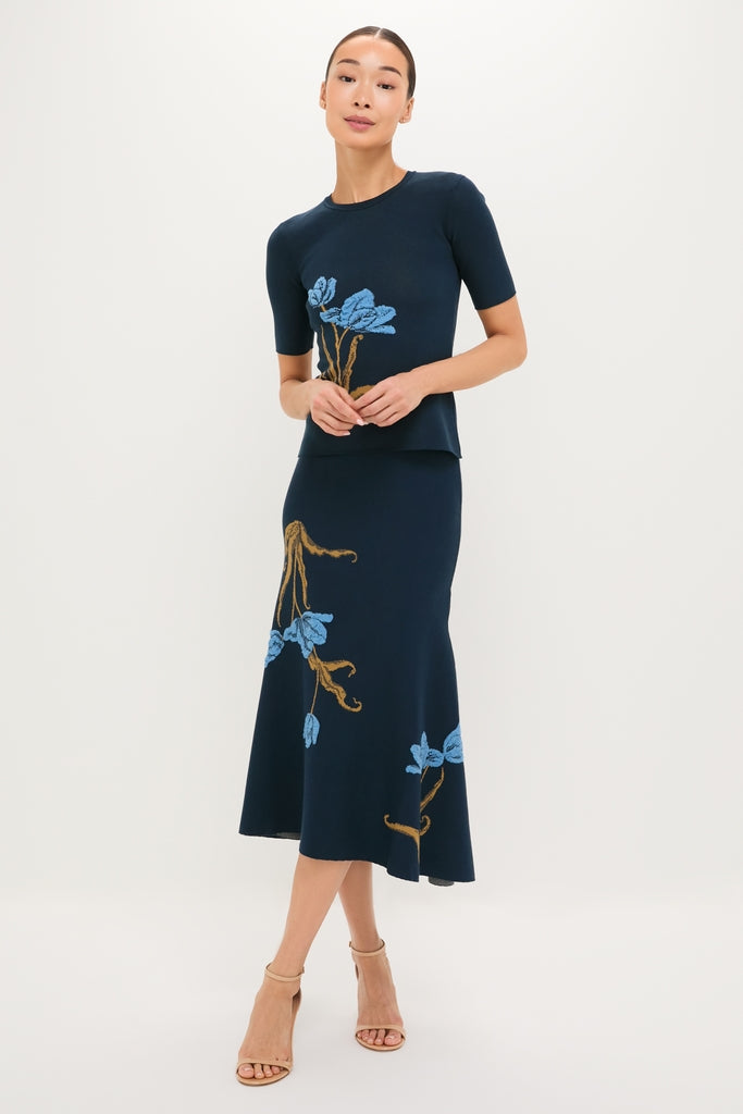 Navy A-Line Midi Knit Skirt