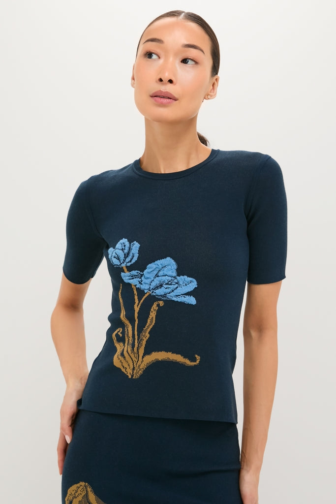 Navy Knit Short Sleeve Top