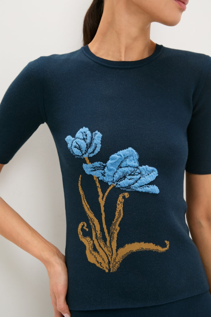 Navy Knit Short Sleeve Top