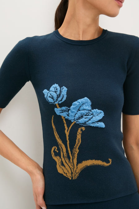 Navy Knit Short Sleeve Top