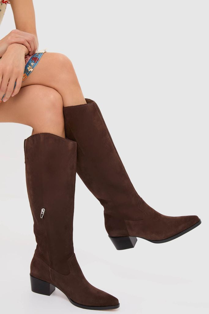 Dark Brown Suede Virona H2O Boots: classic knee-high, low block heel design with waterproof suede, effortlessly styled with a floral skirt for a high-end, fun look.
