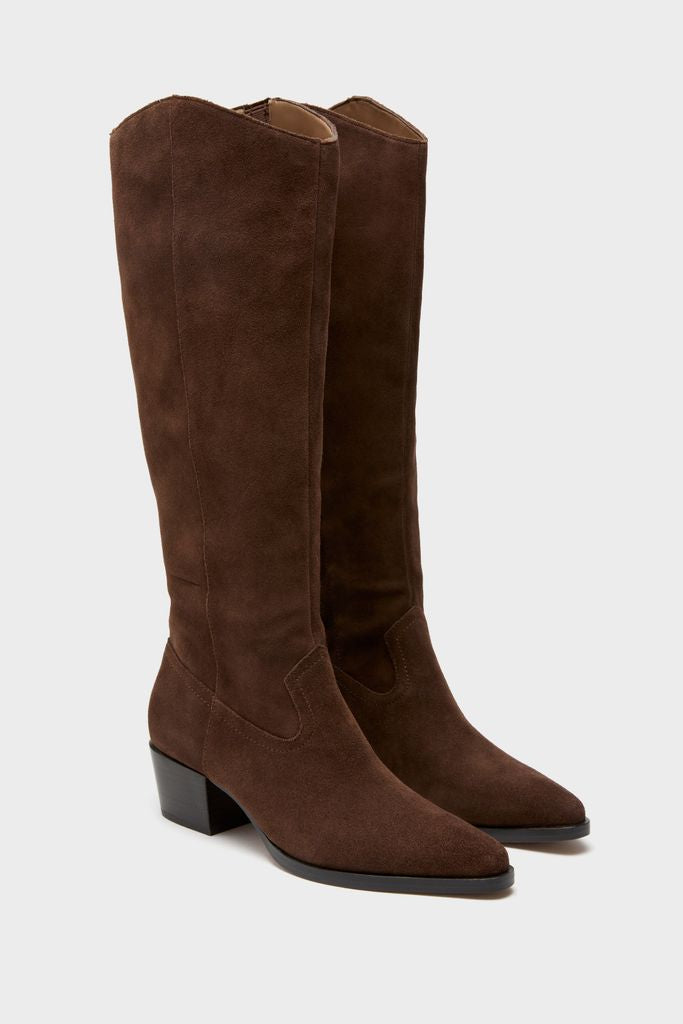 Dark Brown Suede Virona H2O Boots: classic knee-high design with a low block heel, effortless side zip closure, and waterproof suede for high-end, fun versatility in any weather.