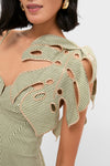 Green Striped Monstera Leaf Sleeveless Midi Dress features a classic, effortless design with a fun, sculptural Monstera leaf sleeve and high-end detailing.