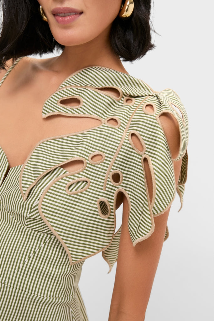 Green Striped Monstera Leaf Sleeveless Midi Dress features a classic, effortless design with a fun, sculptural Monstera leaf sleeve and high-end detailing.