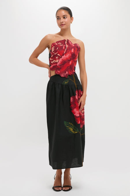 Rosalia Placed Black Artisanal Strapless Midi Dress