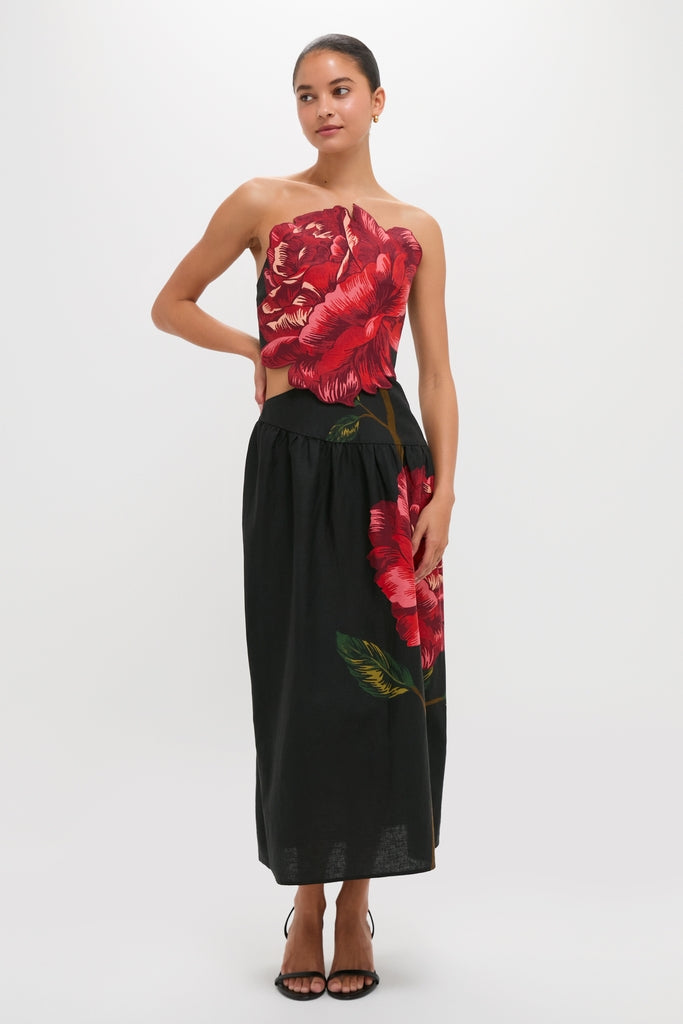Rosalia Placed Black Artisanal Strapless Midi Dress