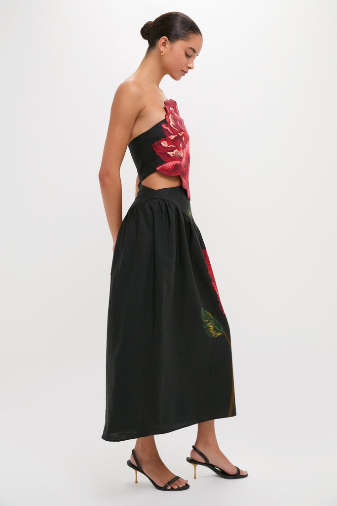 Rosalia Placed Black Artisanal Strapless Midi Dress