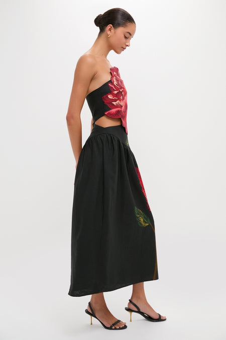 Rosalia Placed Black Artisanal Strapless Midi Dress