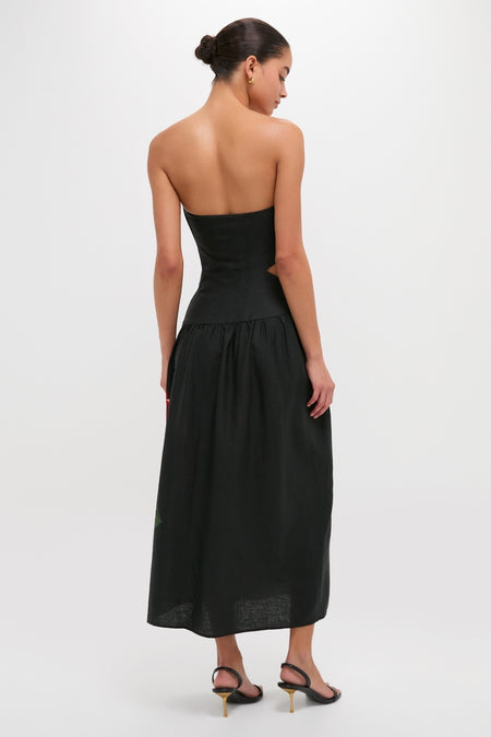 Rosalia Placed Black Artisanal Strapless Midi Dress