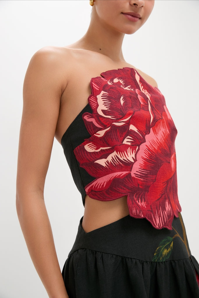 Rosalia Placed Black Artisanal Strapless Midi Dress