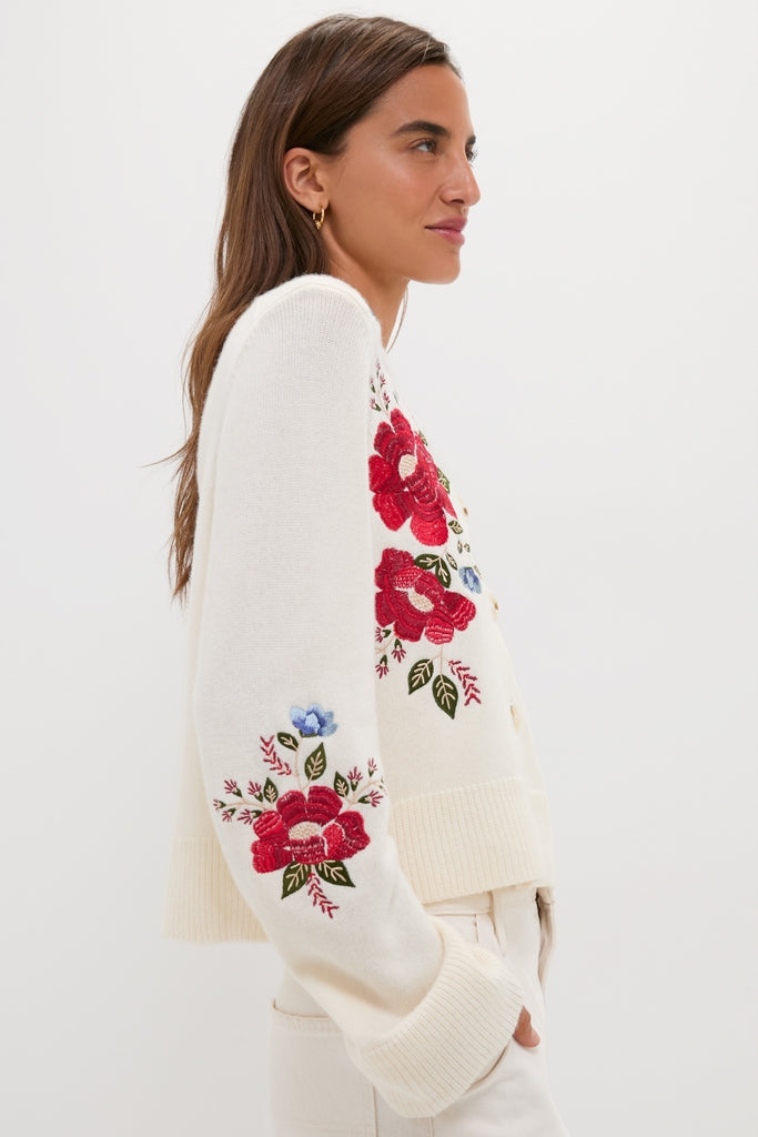 Cream Flowers Embroidered Knit Cardigan: A classic, high-end piece with bold floral embroidery, perfect for an effortless, fun style.