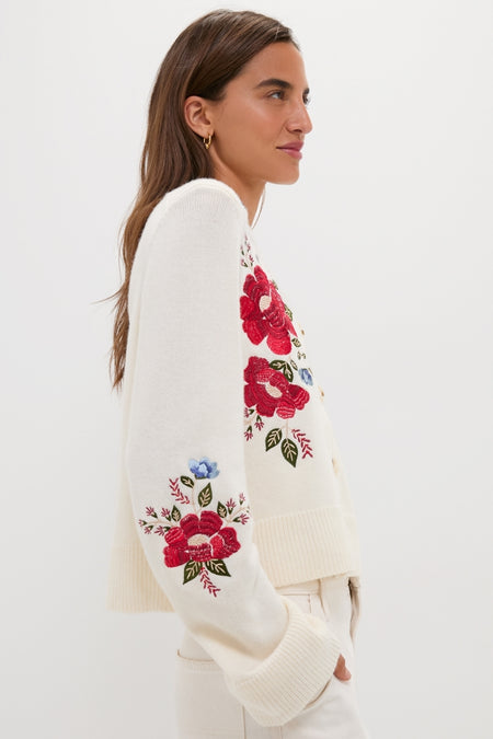 Cream Flowers Embroidered Knit Cardigan: A classic, high-end piece with bold floral embroidery, perfect for an effortless, fun style.