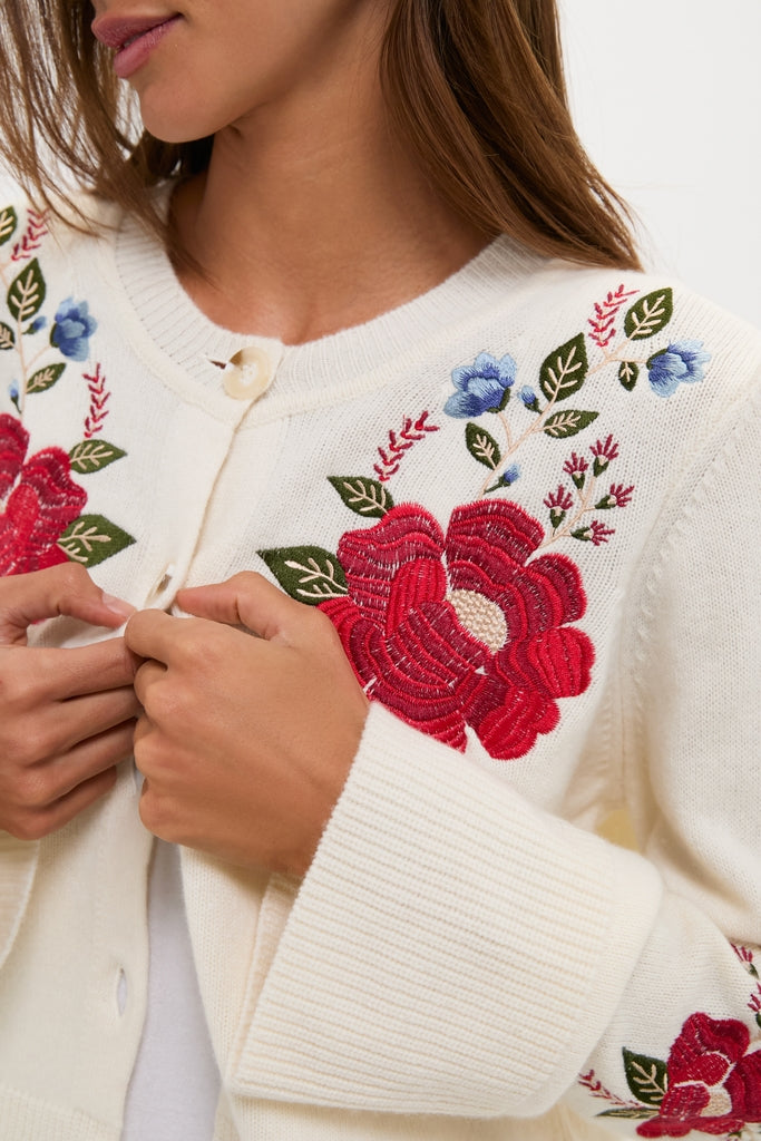 Cream Flowers Embroidered Knit Cardigan with classic floral embroidery and effortless buttoned front, offering a fun, relaxed fit for a high-end, cozy style.
