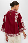 Burgundy Bicolor Palm Tree Embroidery Blouse, featuring classic white floral embroidery, scalloped edges, and a keyhole back. An effortless, high-end piece for a fun, confident style.