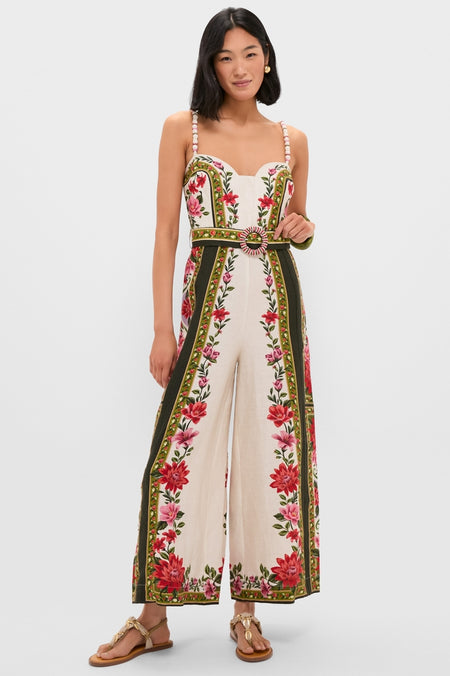 Wonder Rio Sand Sleeveless Maxi Jumpsuit, an effortlessly high-end piece featuring a classic sweetheart neckline, wide legs, beaded straps, and a playful floral pattern.