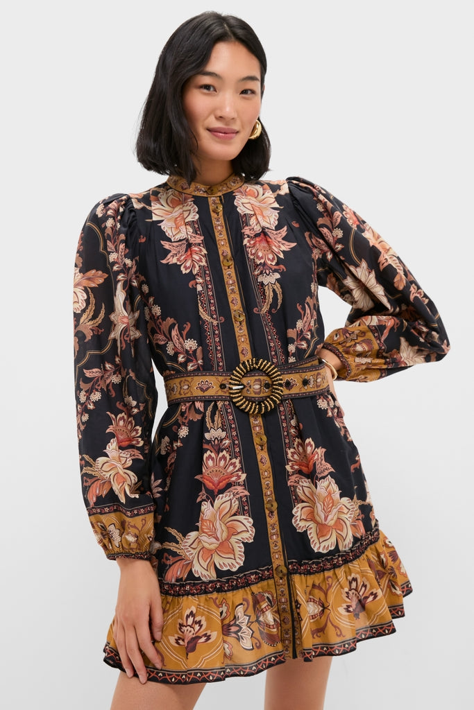 Majestic Garden Black Mini Dress: A classic bohemian-style dress with effortless vintage-inspired floral prints, fun puffed sleeves, ruffled hem, and a high-end decorative belt.