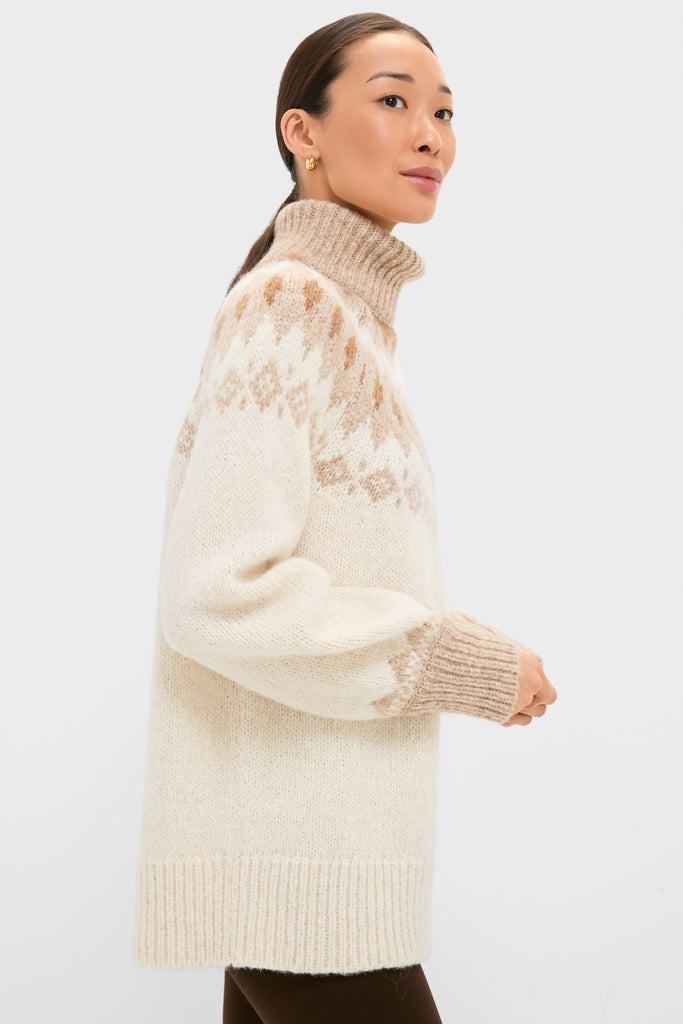 Ivory Camel Estelle Fair Isle Turtleneck: Classic and effortlessly stylish, this high-end knit sweater showcases a subtle diamond pattern, perfect for fun, cozy, and confident outings.