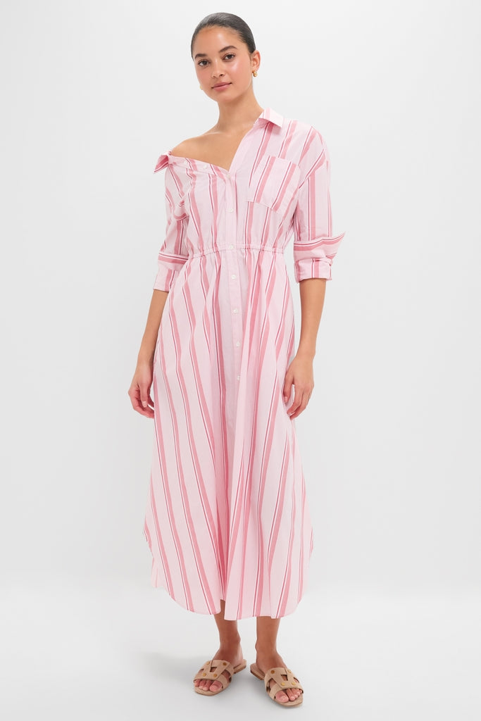 Red Stripe Falling Off the Shoulder Midi Dress