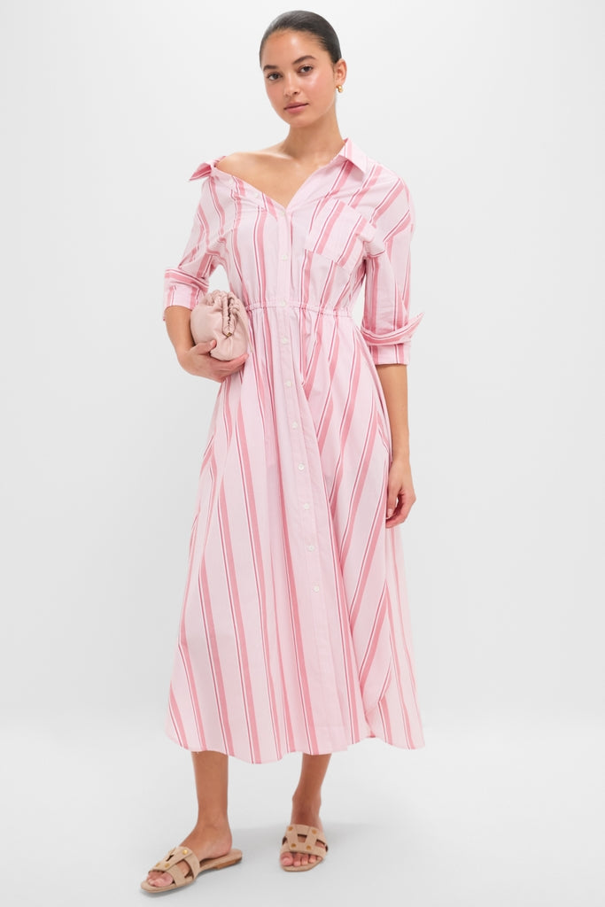 Red Stripe Falling Off the Shoulder Midi Dress