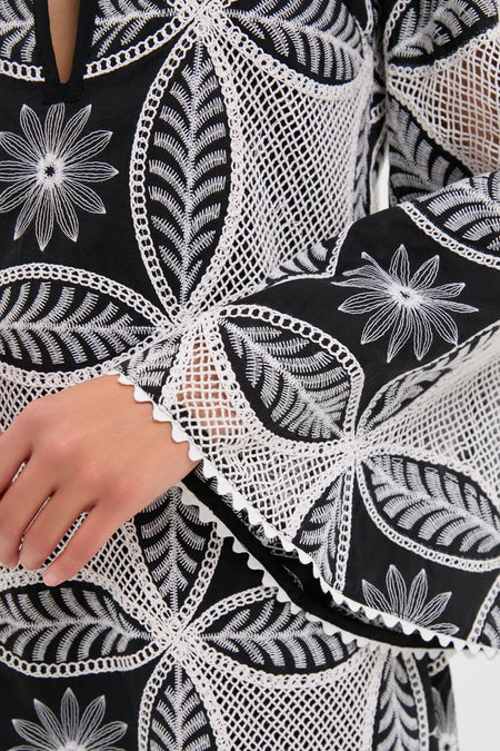 Black Plain Gia Mini Dress with a classic, high-end embroidered lace pattern of circles, leaves, and flowers, exuding effortless style and fun, sophistication.