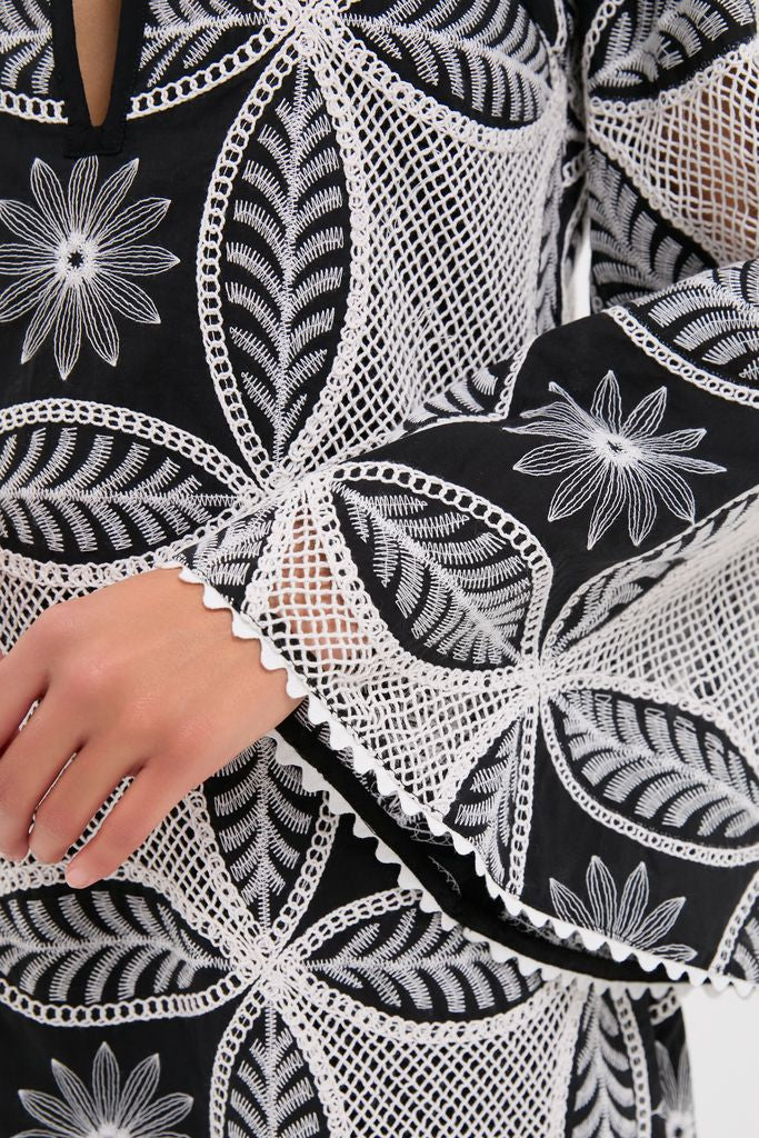 Black Plain Gia Mini Dress with a classic, high-end embroidered lace pattern of circles, leaves, and flowers, exuding effortless style and fun, sophistication.