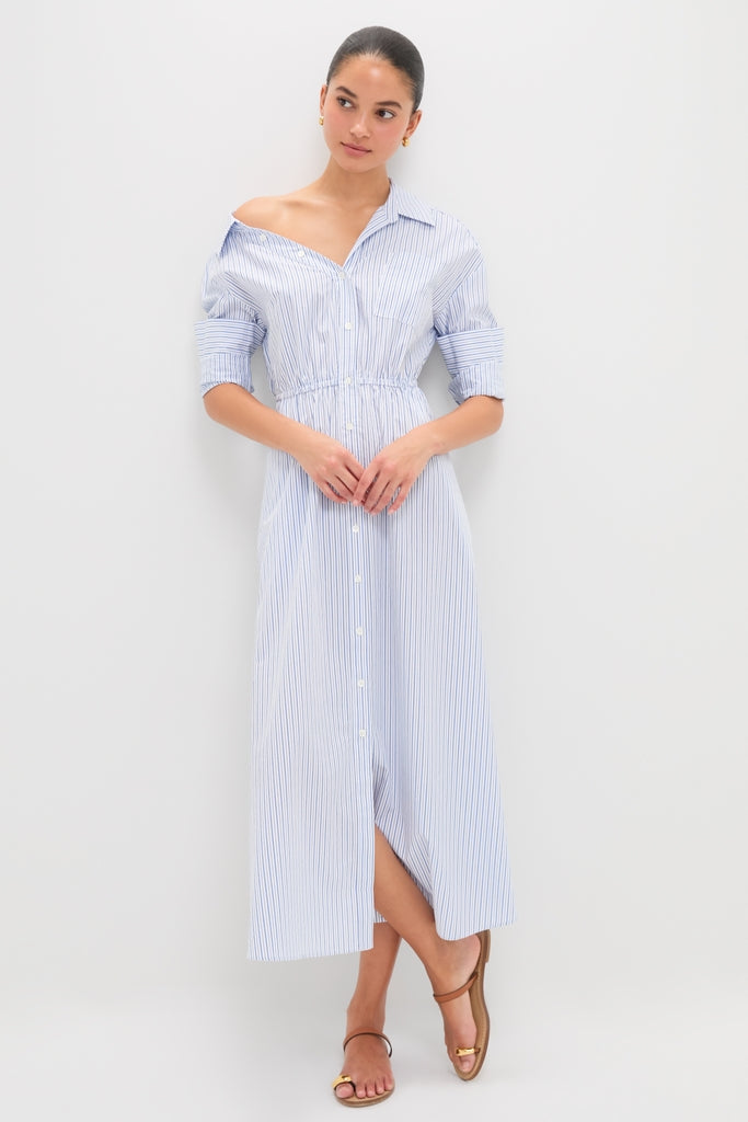 Blue Stripe Falling off the Shoulder Midi Dress