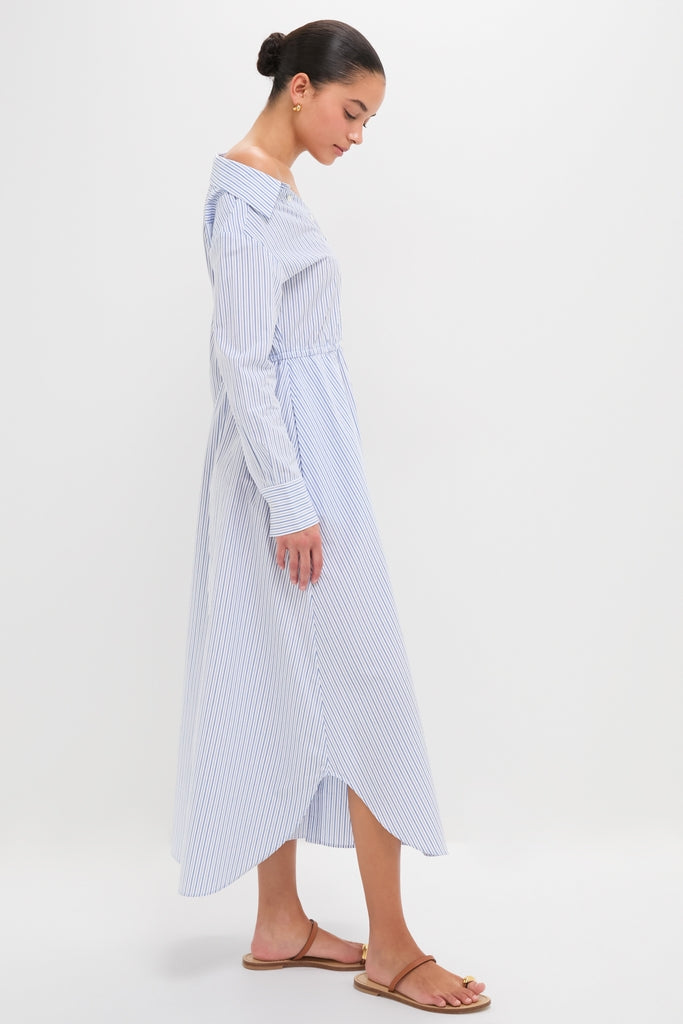 Blue Stripe Falling off the Shoulder Midi Dress | Rosie Assoulin Blue Stripe Falling off the Shoulder Midi Dress | Rosie Assoulin