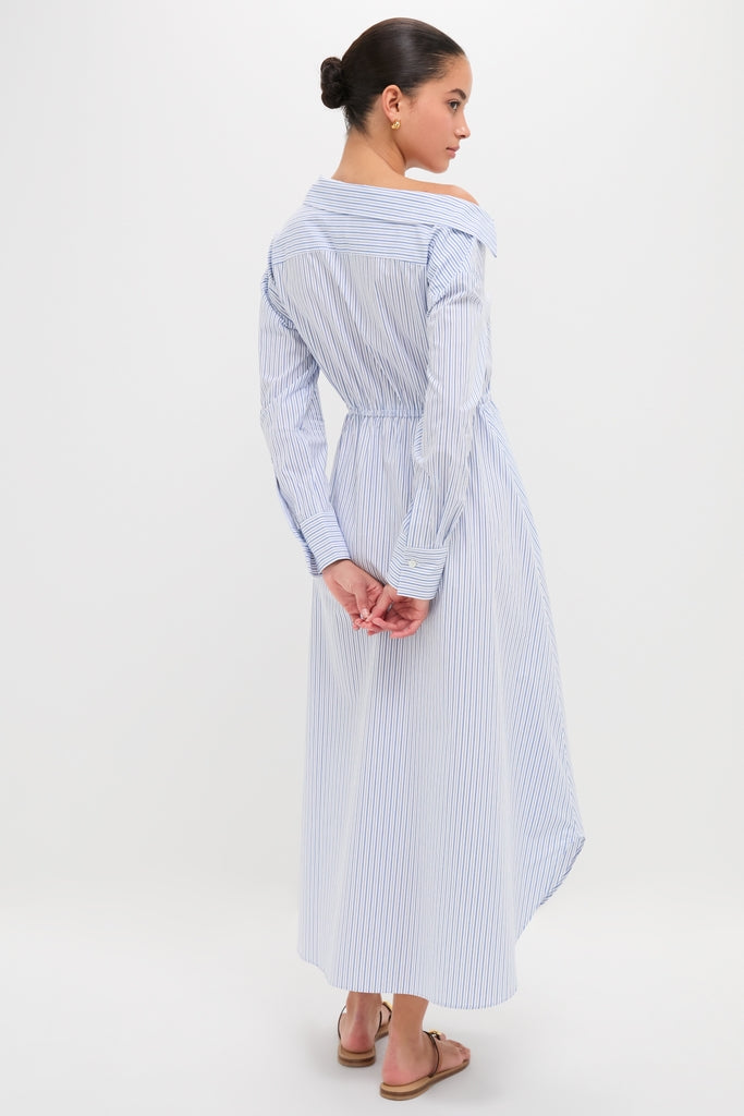 Blue Stripe Falling off the Shoulder Midi Dress | Rosie Assoulin Blue Stripe Falling off the Shoulder Midi Dress | Rosie Assoulin