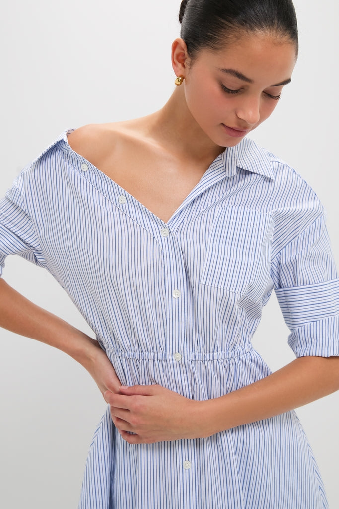 Blue Stripe Falling off the Shoulder Midi Dress | Rosie Assoulin Blue Stripe Falling off the Shoulder Midi Dress | Rosie Assoulin