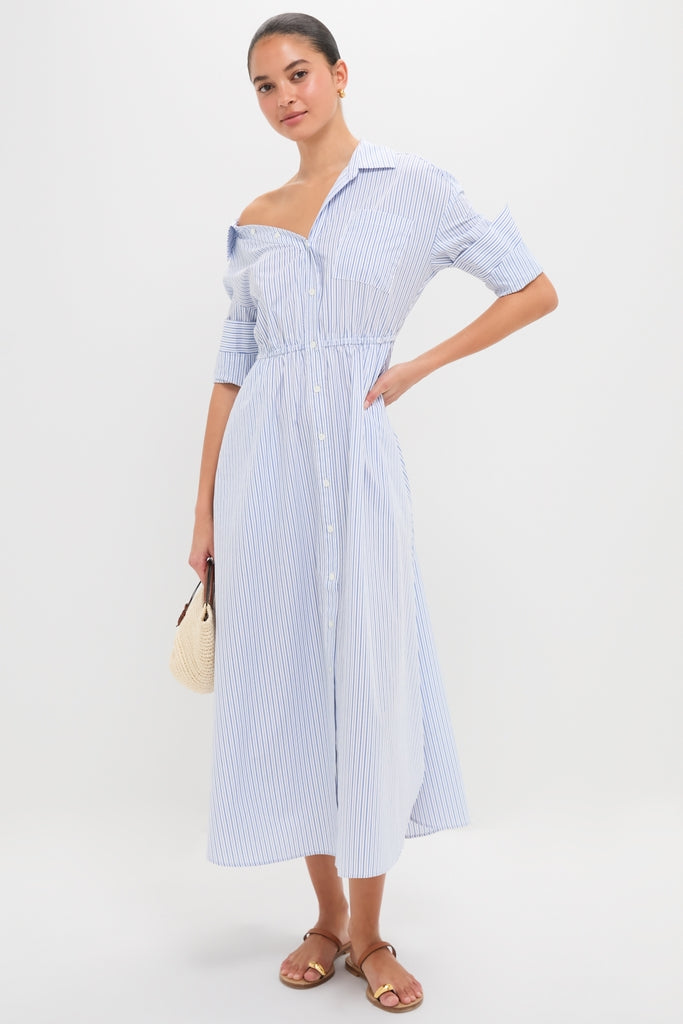 Blue Stripe Falling off the Shoulder Midi Dress