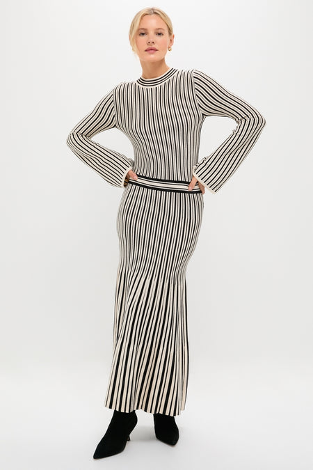 Black and Ivory Striped Maxi Dress, featuring a classic, form-fitting design with long sleeves and an ankle-length skirt, exudes effortless, high-end style. Paired with pointed-toe black ankle boots.