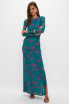 Jade Ginkgo Scarlet Maxi Dress: A classic, effortless long-sleeve dress with a playful purple leaf motif, high-end side slit, and figure-hugging silhouette, accessorized with gold jewelry.