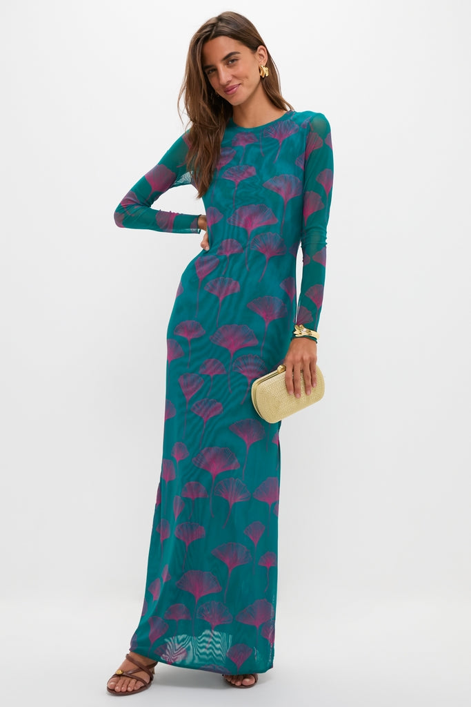 Jade Ginkgo Scarlet Maxi Dress: Classic mesh dress with a pinkish-purple leaf motif, featuring effortless elegance with a high slit, perfect for a fun, high-end occasion.