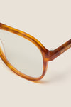 Maple Blue Light Scout Glasses: Classic amber tortoiseshell aviator frames with clear lenses and gold branding, offering a fun, high-end look for effortless, everyday style.