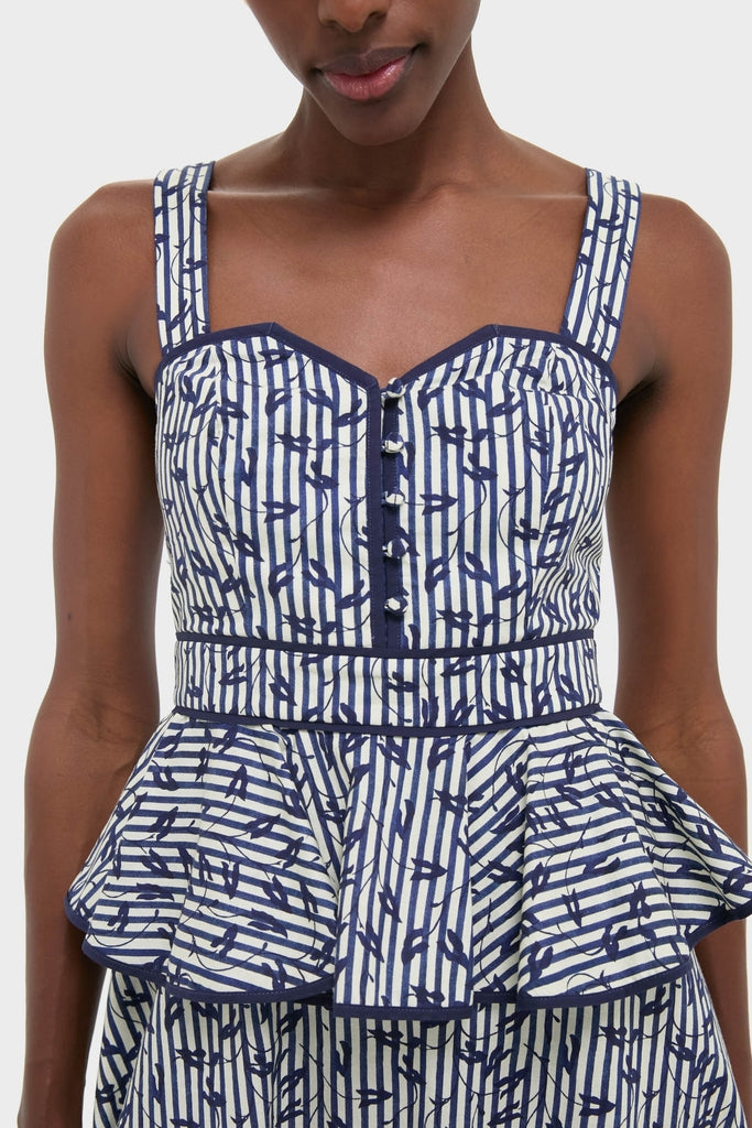 Vine Stripe Lacey Dress, featuring a classic blue-and-white stripe pattern, sweetheart bodice, and peplum flare. Effortless and fun, ideal for a high-end, confident look.