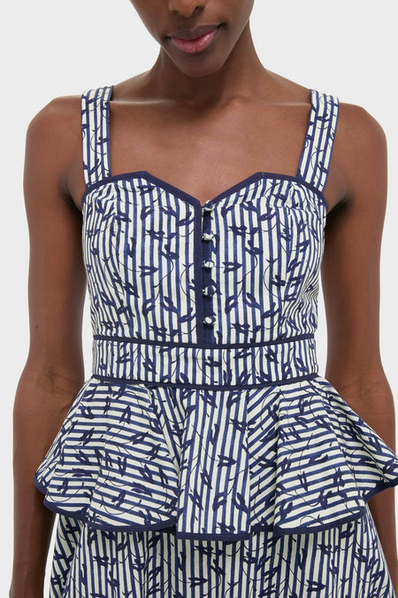 Vine Stripe Lacey Dress, featuring a classic blue-and-white stripe pattern, sweetheart bodice, and peplum flare. Effortless and fun, ideal for a high-end, confident look.