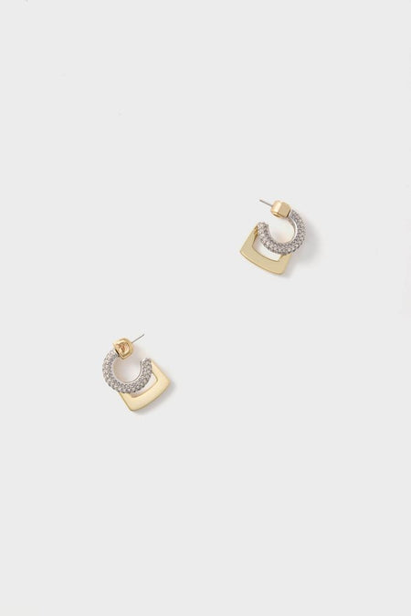 Gold, Silver and Crystal Tine Mini Pavé Earrings, showcasing a classic yet high-end design with effortless sparkle; pavé crescent and trapezoidal gold plate create fun, sculptural elegance.
