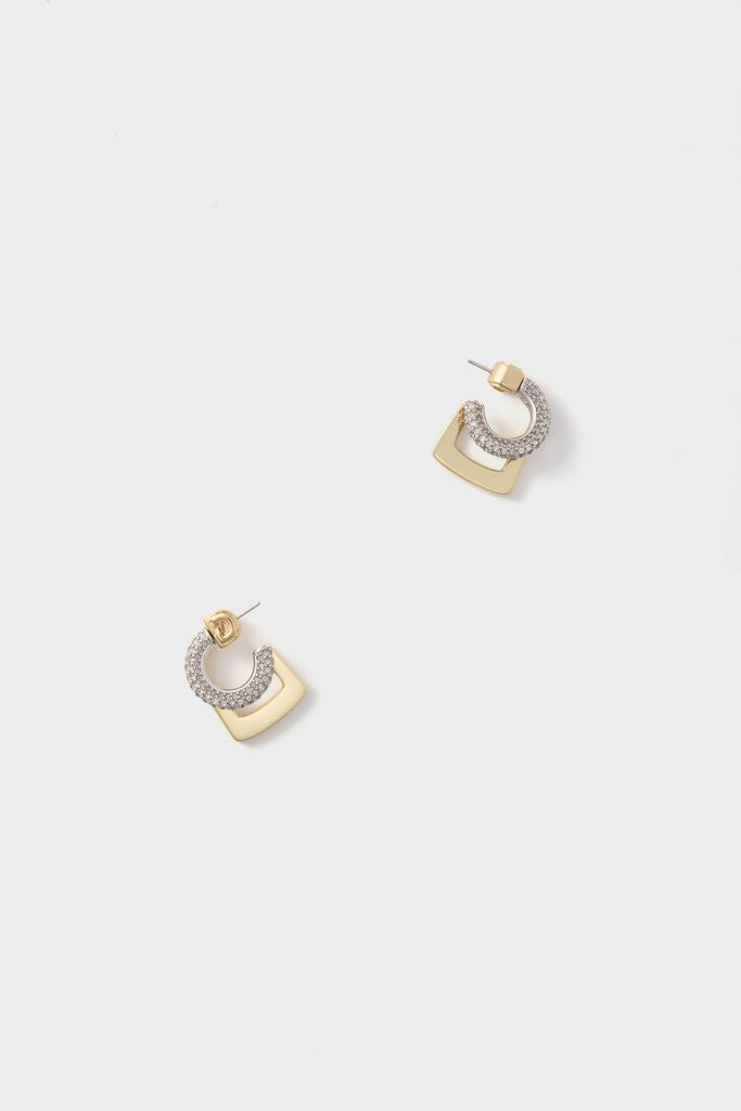 Gold, Silver and Crystal Tine Mini Pavé Earrings, showcasing a classic yet high-end design with effortless sparkle; pavé crescent and trapezoidal gold plate create fun, sculptural elegance.